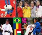 Подиум дзюдо женщин - 48 кг, Сара Менезеш (Бразилия), Алина Думитру (Румыния), Лабонте Ван Snick (Бельгия) и Ева Csernoviczki (Венгрия)  - Лондон 2012 -